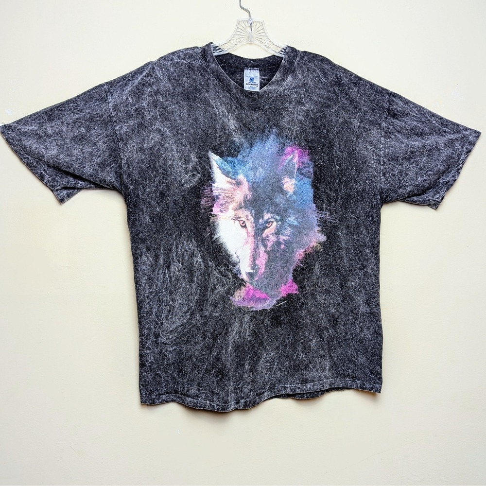 Vintage 90s Wolf Harlequin‎ Nature Acid Stone Wash Dye Single Stitch Shirt XL